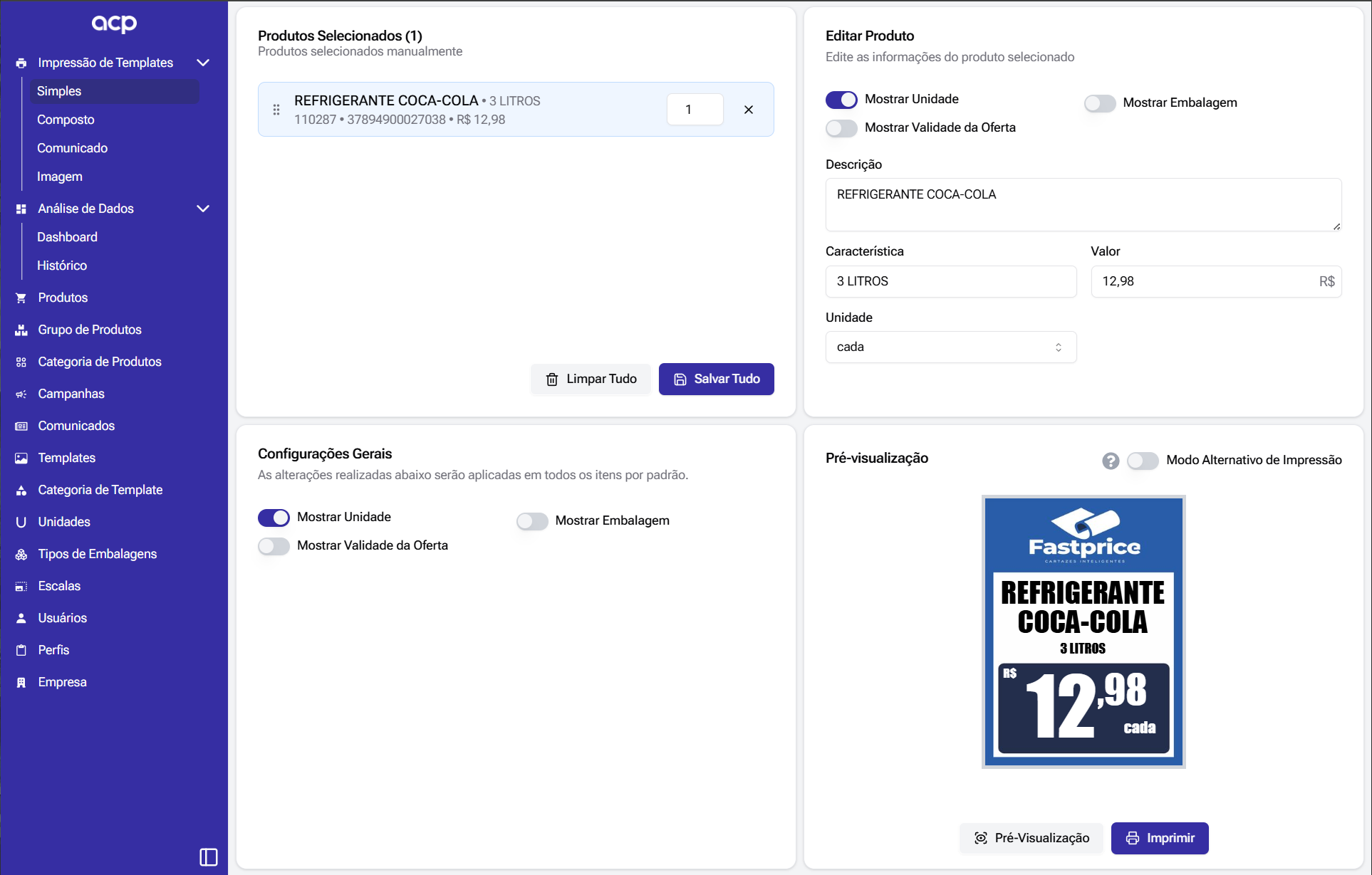 Editor de templates do ACP com produtos e preços